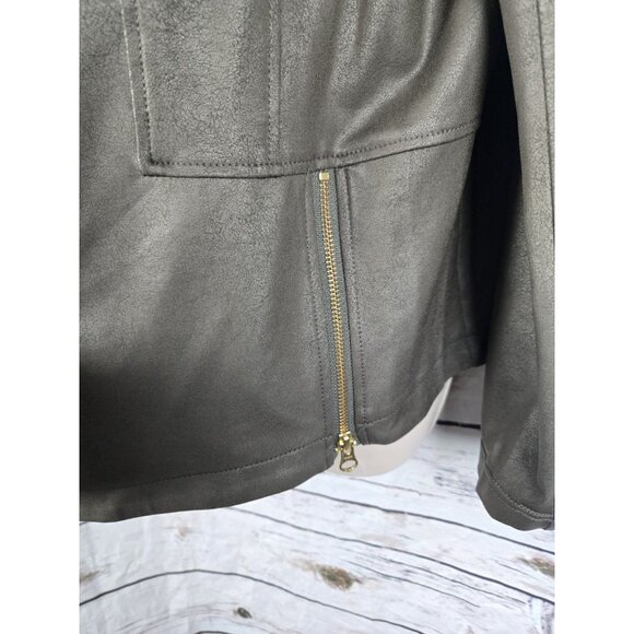 Clara Sun Woo Olive Green Liquid Leather Jacket 1X Full Zip Moto Signature Knit - Picture 4 of 8